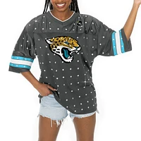 Women's Gameday Couture Anthracite Jacksonville Jaguars Kickoff Time Allover Rhinestone Sports Stripe Jersey V-Neck T-Shirt