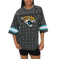 Women's Gameday Couture Anthracite Jacksonville Jaguars Kickoff Time Allover Rhinestone Sports Stripe Jersey V-Neck T-Shirt