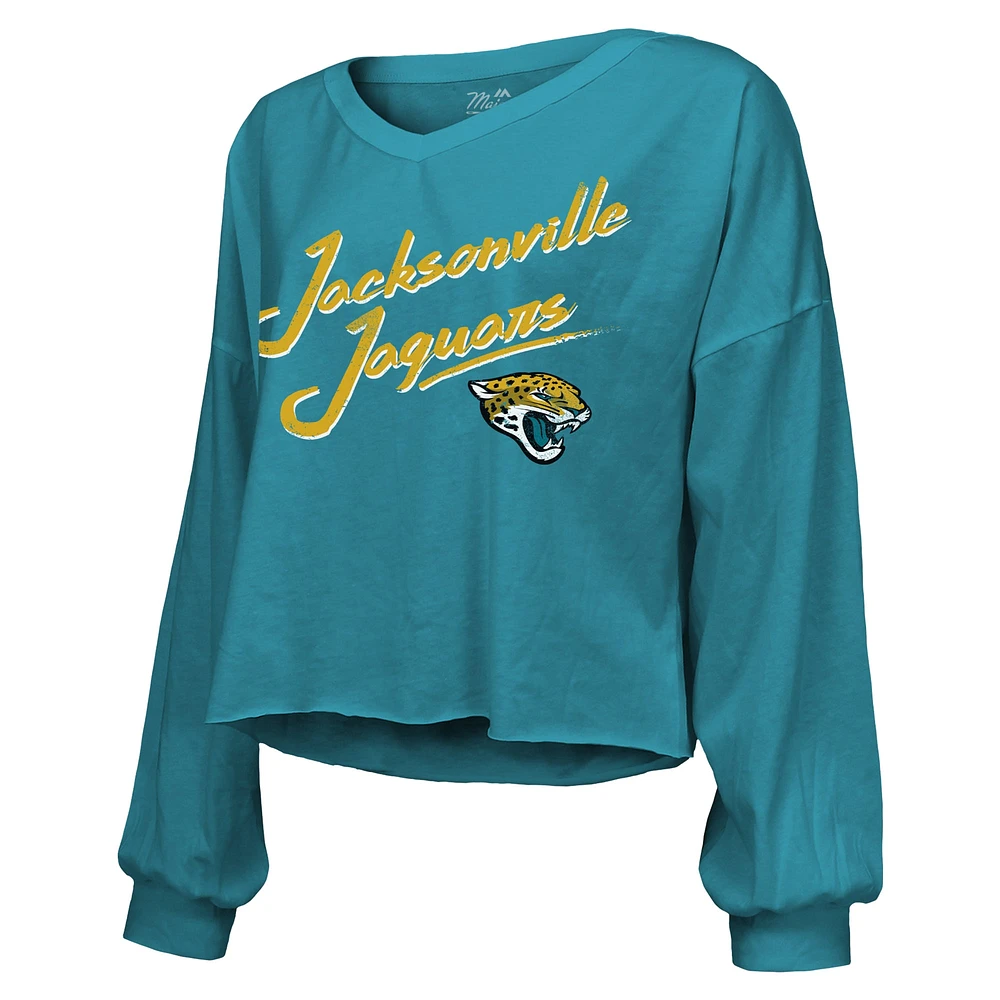 Women's Majestic Threads Travis Hunter Teal Jacksonville Jaguars 2025 NFL Draft First Round Pick Off-Shoulder Script Name & Number V-Neck T-Shirt
