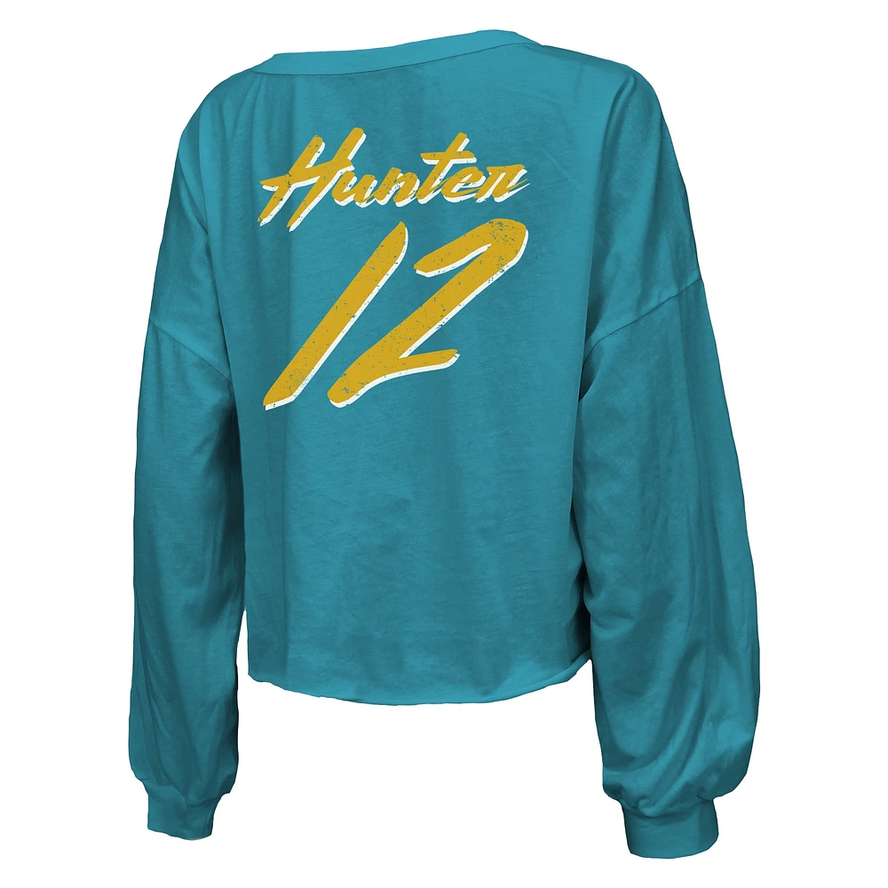 Women's Majestic Threads Travis Hunter Teal Jacksonville Jaguars 2025 NFL Draft First Round Pick Off-Shoulder Script Name & Number V-Neck T-Shirt