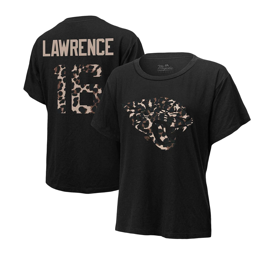 T-shirt pour femme Majestic Threads Trevor Lawrence noir avec nom et numéro de joueur des Jaguars Jacksonville