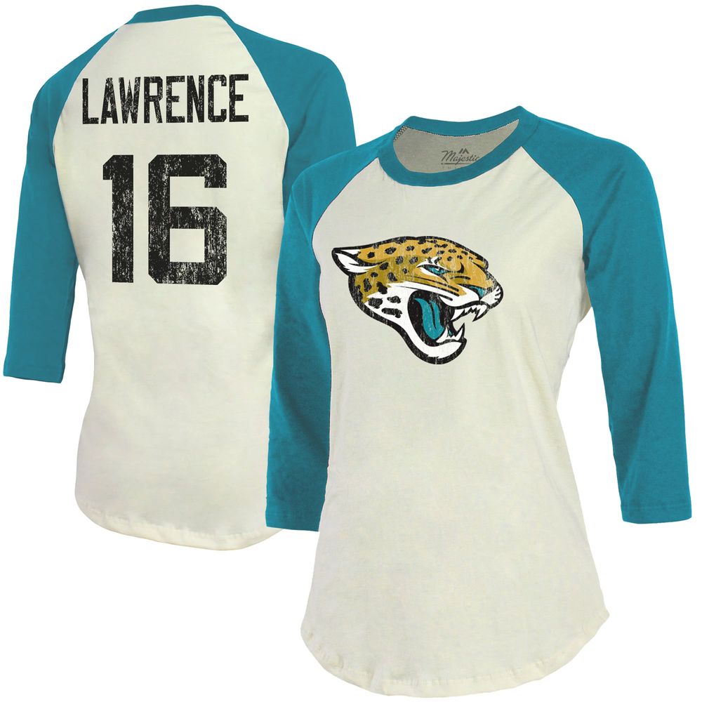 Majestic Threads Women's Majestic Threads Trevor Lawrence Cream/Teal Jacksonville  Jaguars Player Raglan Name & Number 3/4-Sleeve T-Shirt