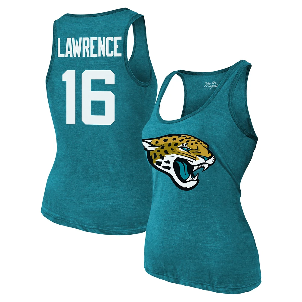 Débardeur à trois mélanges Majestic Threads Trevor Lawrence Sarcelle Jacksonville Jaguars Nom et numéro pour femmes