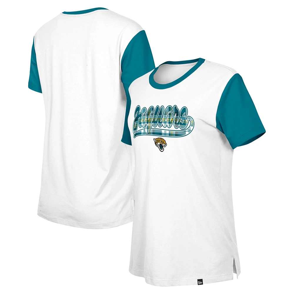 T-shirt 3rd Down Jacksonville Jaguars New Era blanc/bleu sarcelle pour femme