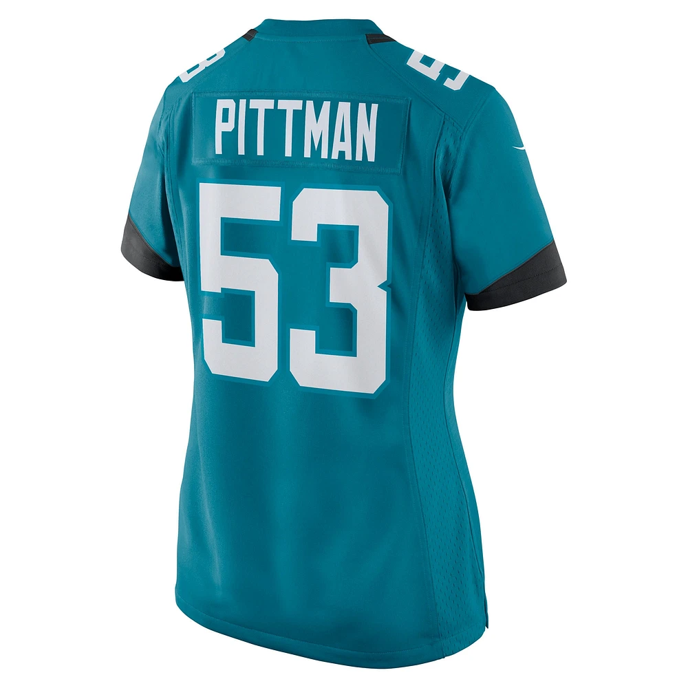 Maillot de match Nike Anthony Pittman Teal Jacksonville Jaguars pour femme