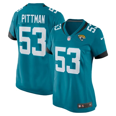 Maillot de match Nike Anthony Pittman Teal Jacksonville Jaguars pour femme