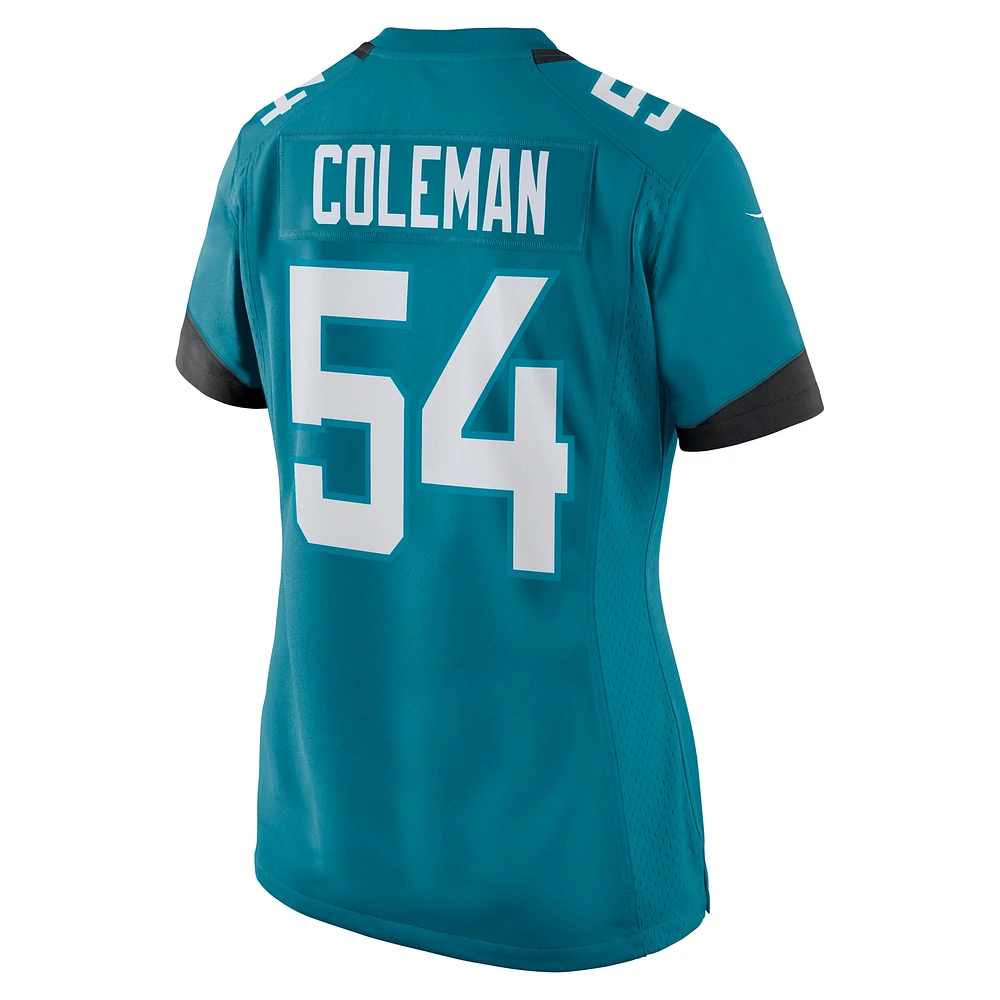 Maillot de match Nike DJ Coleman pour femme, bleu sarcelle, Jacksonville Jaguars