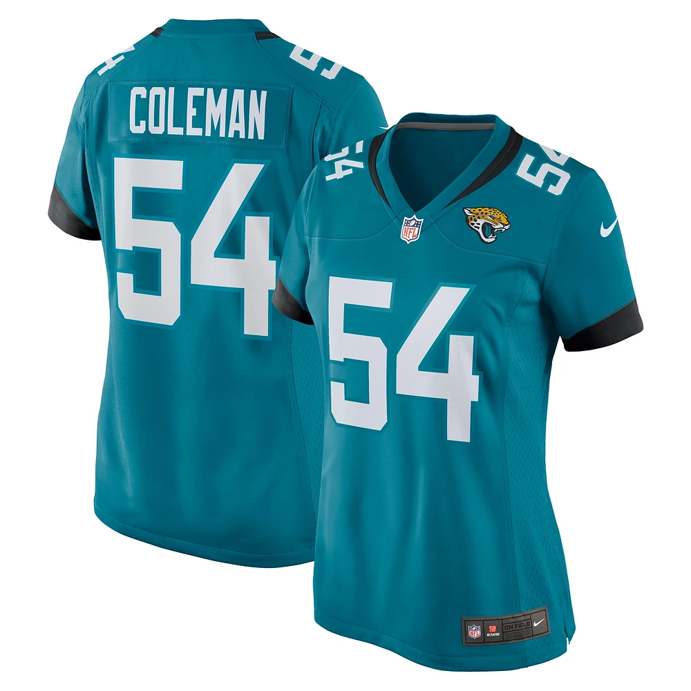 Maillot de match Nike DJ Coleman pour femme, bleu sarcelle, Jacksonville Jaguars