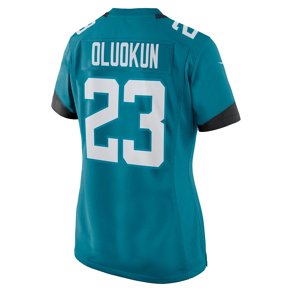 Maillot de joueur jeu Nike Foyesade Oluokun des Jacksonville Jaguars pour femme, bleu sarcelle