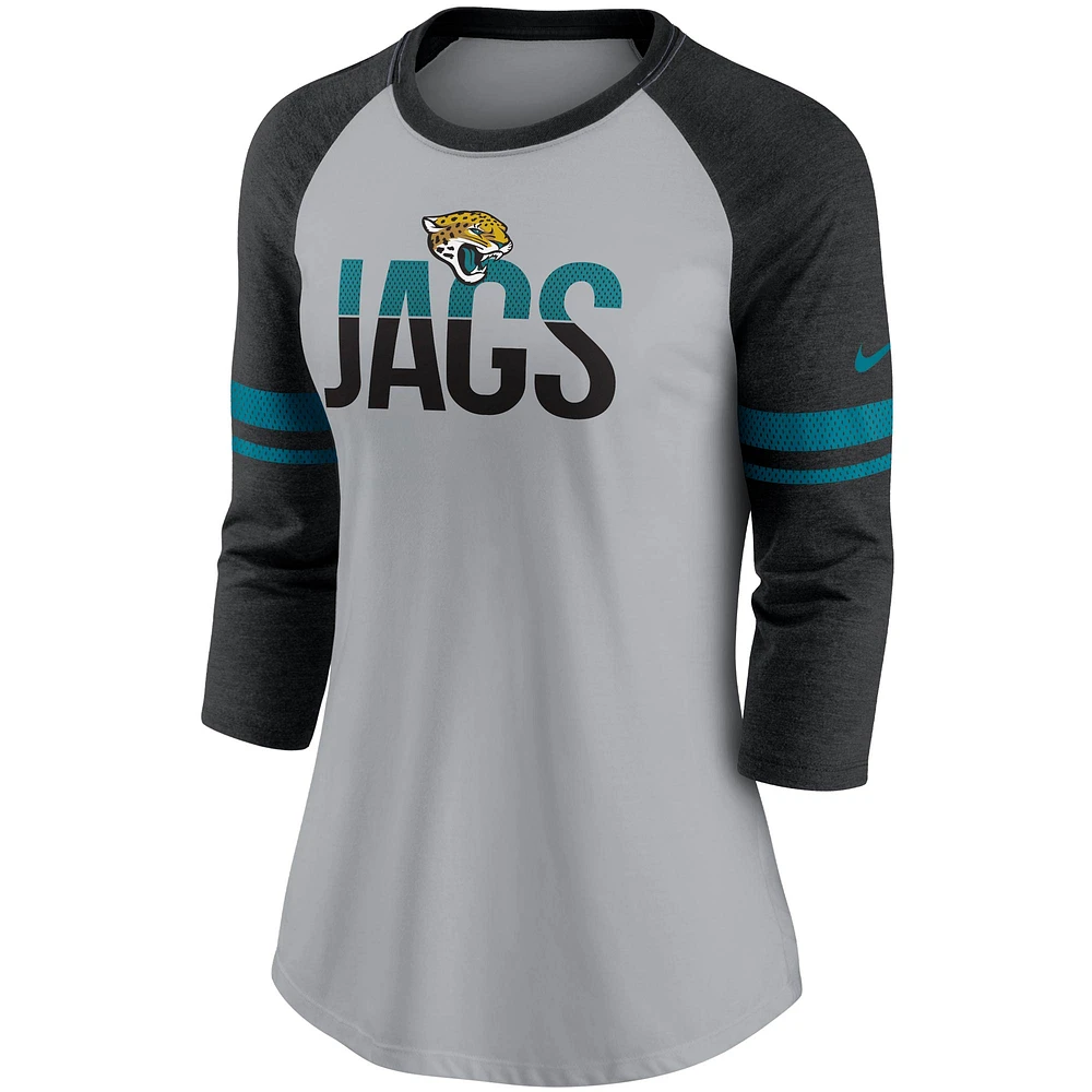 Women's Nike Heathered Gray/Black Jacksonville Jaguars Stripe Mesh Nickname Tri-Blend 3/4-Sleeve T-Shirt