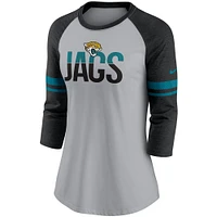 Women's Nike Heathered Gray/Black Jacksonville Jaguars Stripe Mesh Nickname Tri-Blend 3/4-Sleeve T-Shirt