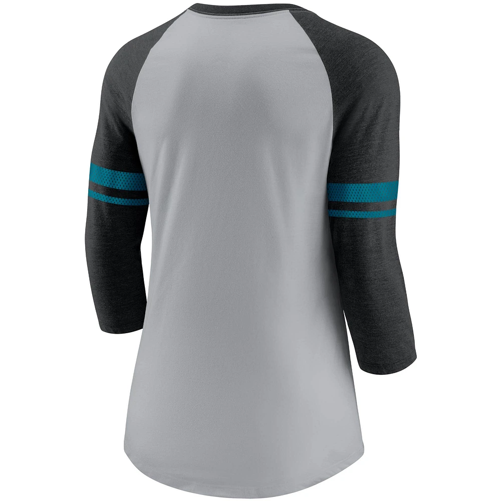 Women's Nike Heathered Gray/Black Jacksonville Jaguars Stripe Mesh Nickname Tri-Blend 3/4-Sleeve T-Shirt