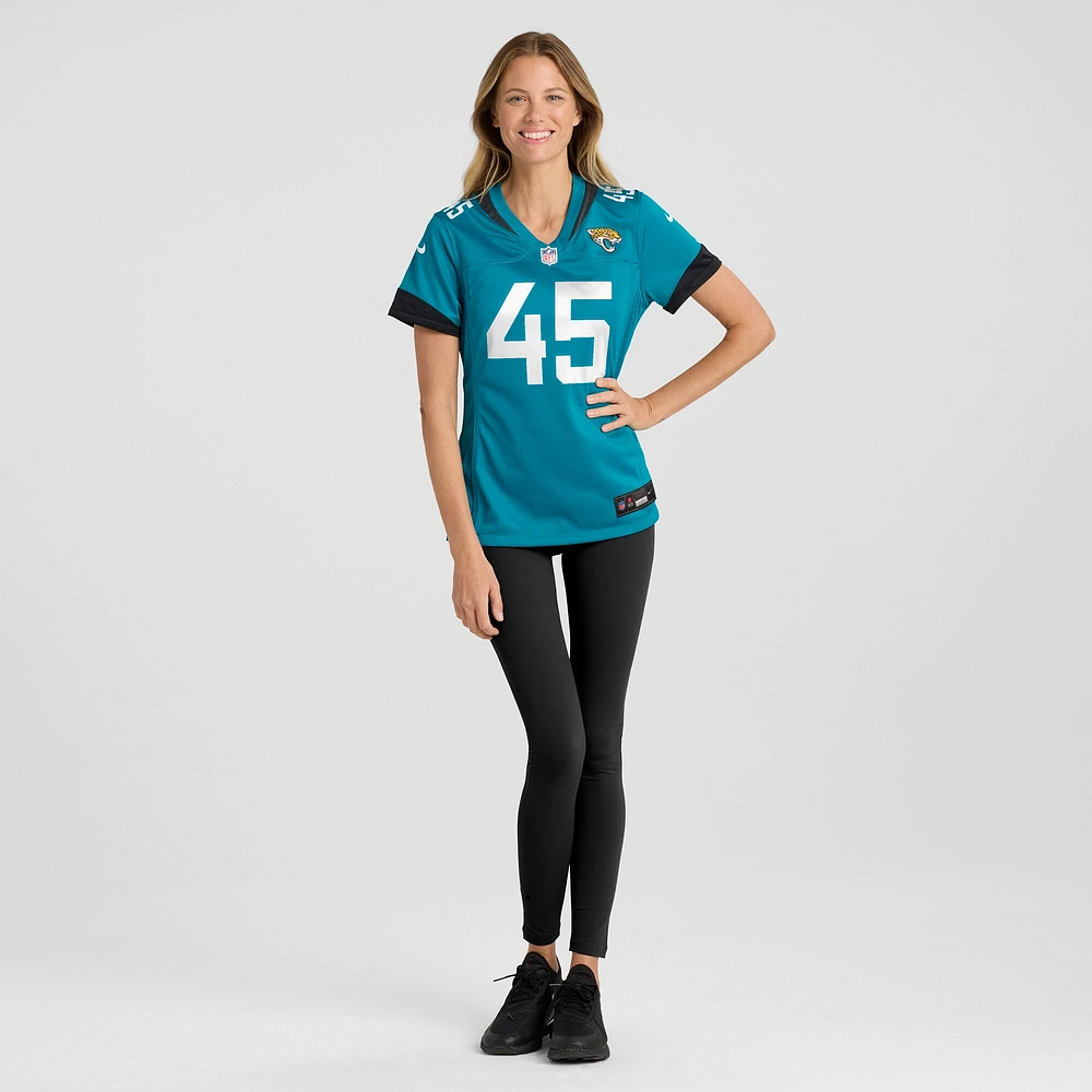 Maillot de match Nike Tucker Addington Teal Jacksonville Jaguars pour femme