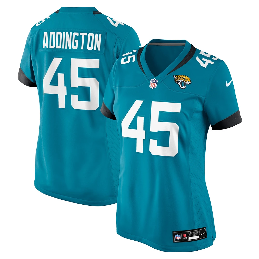 Maillot de match Nike Tucker Addington Teal Jacksonville Jaguars pour femme