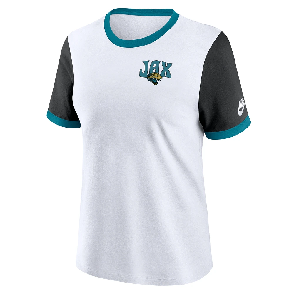 Women's Nike White/Black Jacksonville Jaguars Rewind Ringer T-Shirt