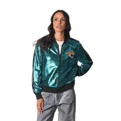 Blouson aviateur entièrement zippé à sequins Jacksonville Jaguars bleu sarcelle pour femme The Wild Collective