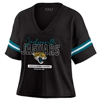 Women's WEAR by Erin Andrews Black Jacksonville Jaguars Color Block Boxy Modest Crop V-Neck T-Shirt