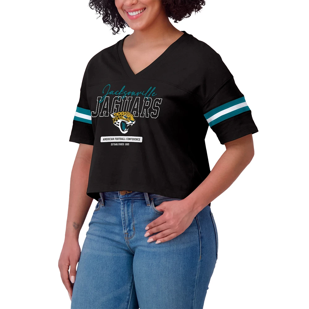 Women's WEAR by Erin Andrews Black Jacksonville Jaguars Color Block Boxy Modest Crop V-Neck T-Shirt