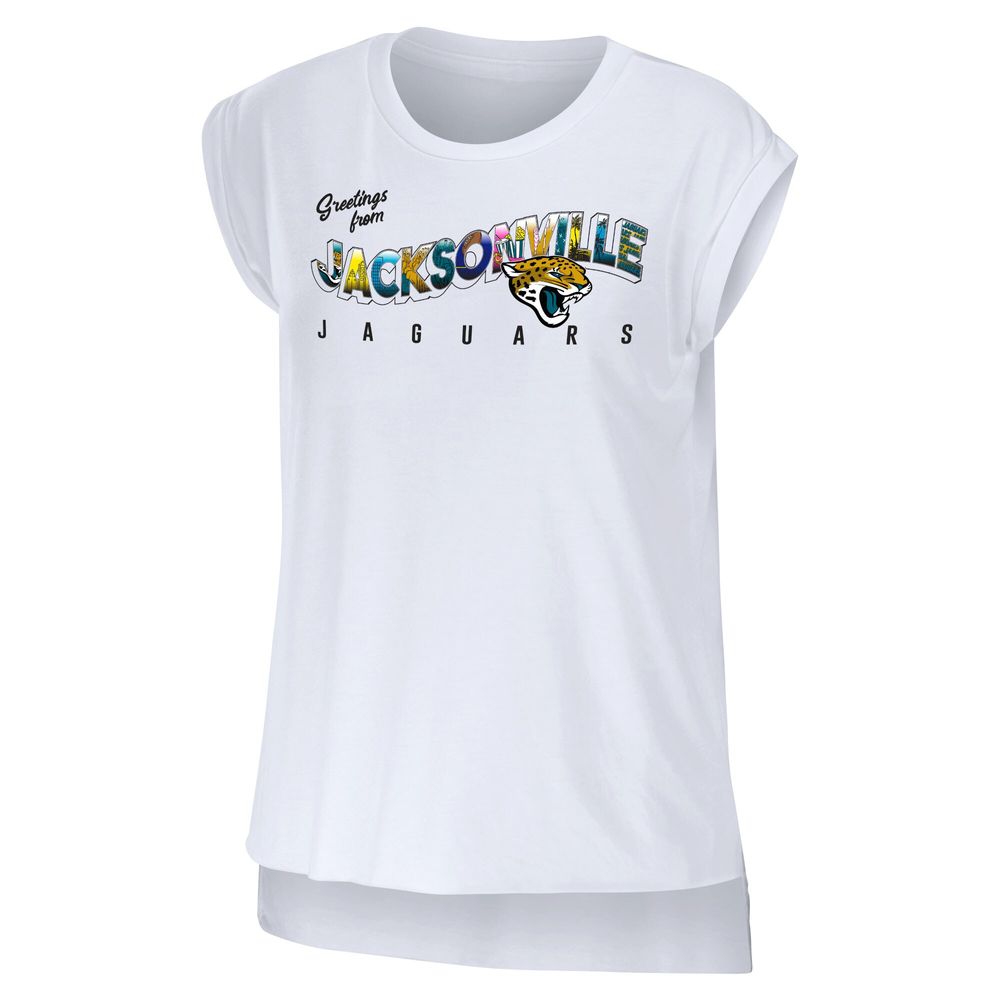 Women's WEAR by Erin Andrews White Jacksonville Jaguars Greetings From Muscle T-Shirt