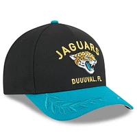Casquette ajustable New Era 9FORTY A-Frame M-Crown noire/bleu sarcelle pour jeunes des Jaguars de Jacksonville, draft NFL 2025