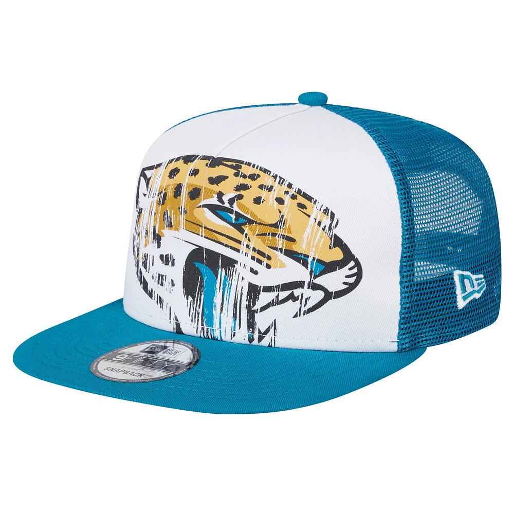 Casquette Snapback 9FIFTY A-Frame en détresse pour jeunes Jacksonville Jaguars New Era blanc/bleu sarcelle