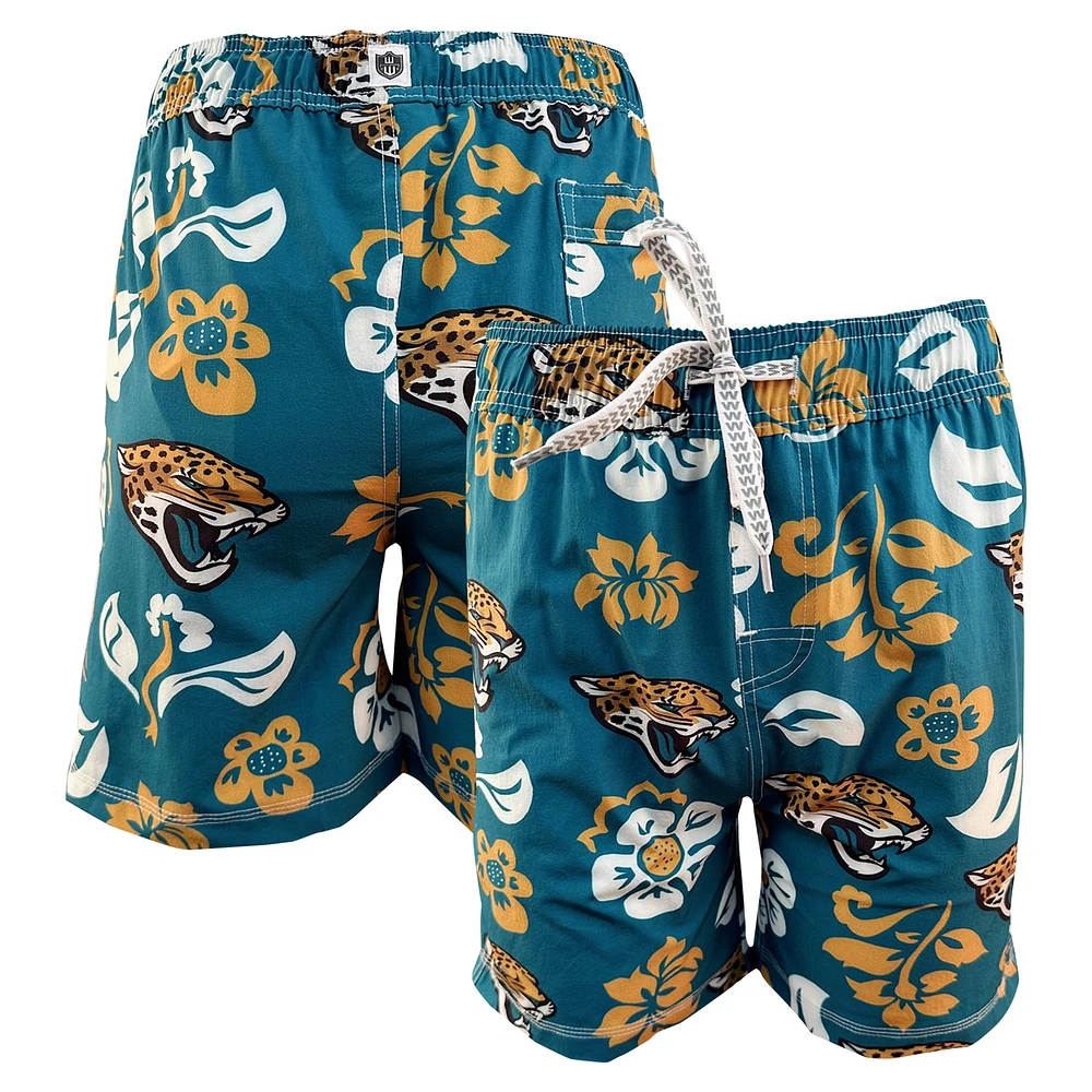 Youth Wes & Willy Teal Jacksonville Jaguars Floral Volley Swim Trunks