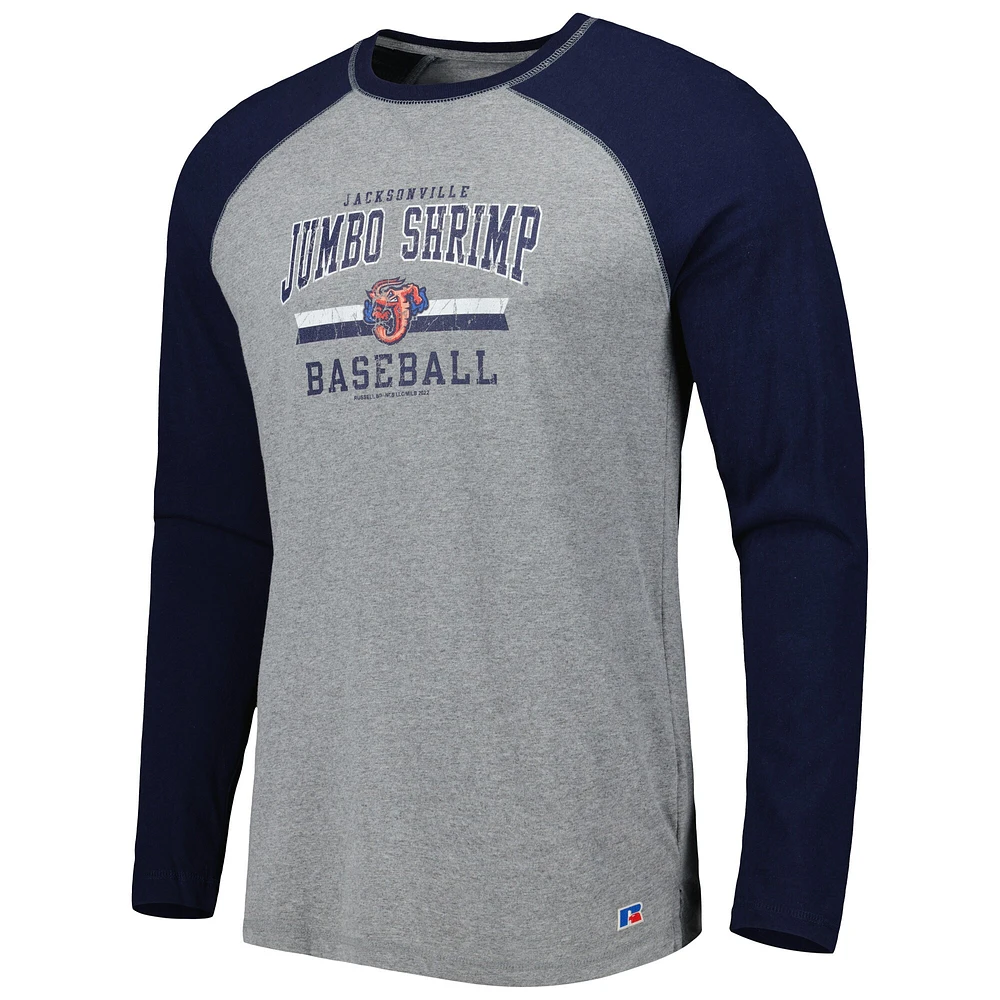 Men's Navy/Heathered Gray Jacksonville Jumbo Shrimp Long Sleeve Baseball T-Shirt