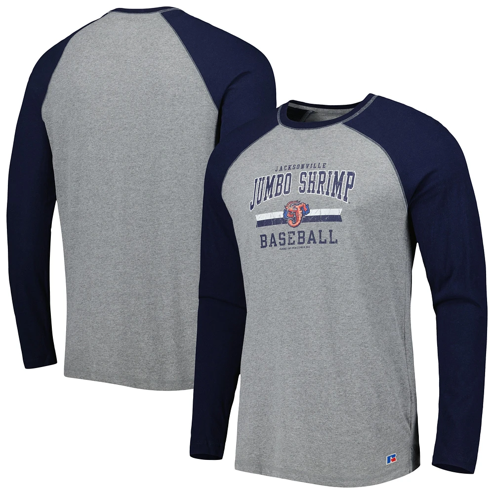 Men's Navy/Heathered Gray Jacksonville Jumbo Shrimp Long Sleeve Baseball T-Shirt