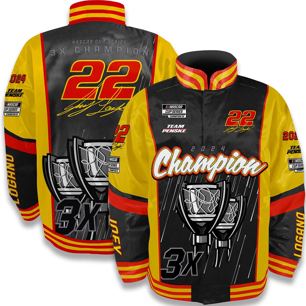 Veste en nylon à boutons complets pour homme avec drapeau damier et logo noir Joey Logano 2024 NASCAR Cup Series Champion