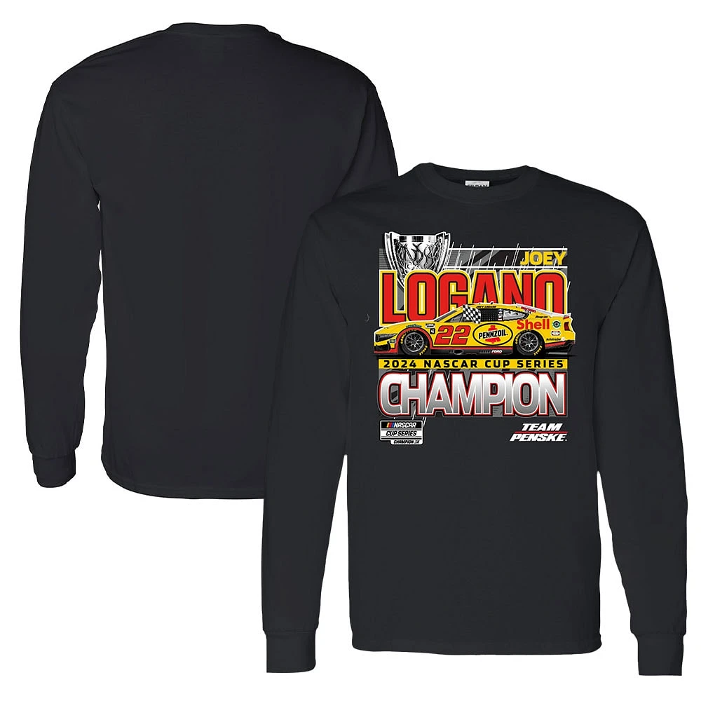 T-shirt officiel à manches longues pour homme avec drapeau damier et logo noir Joey Logano 2024 NASCAR Cup Series Champion