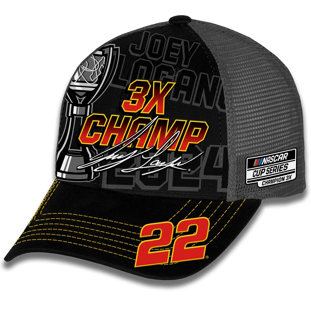 Casquette ajustable pour homme avec drapeau à damier et trophée de champion de la NASCAR Cup Series 2024 Joey Logano noire