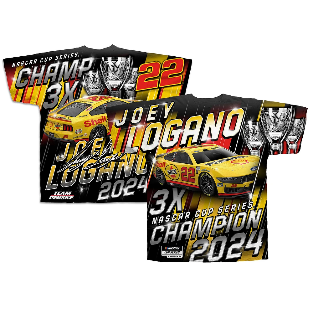 T-shirt à imprimé sublimé pour homme avec drapeau damier jaune Joey Logano 2024 NASCAR Cup Series Champion