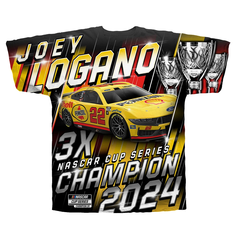 T-shirt à imprimé sublimé pour homme avec drapeau damier jaune Joey Logano 2024 NASCAR Cup Series Champion