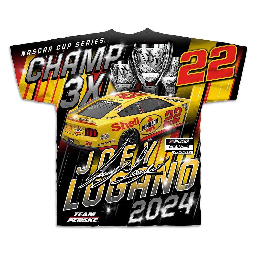 T-shirt à imprimé sublimé pour homme avec drapeau damier jaune Joey Logano 2024 NASCAR Cup Series Champion