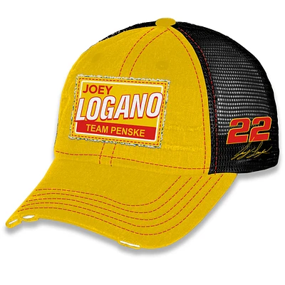 Unisex Checkered Flag Sports Yellow Joey Logano  Vintage Patch Trucker Adjustable Hat