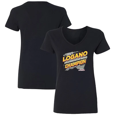 T-shirt à col en V vintage pour femme avec drapeau damier et logo sans couleur Joey Logano 2024 NASCAR Cup Series Champion