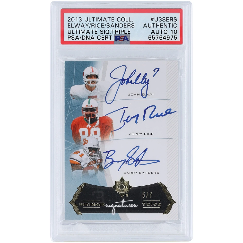 John Elway, Jerry Rice & Barry Sanders Autographed 2013 Upper Deck Ultimate Collection Trios #U3S-ERS #5/7 PSA Authenticated Auto 10 Card