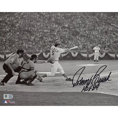 Johnny Bench Cincinnati Reds Autographed 8'' x 10'' Black & White Hitting Photograph with "HOF 89" Inscription