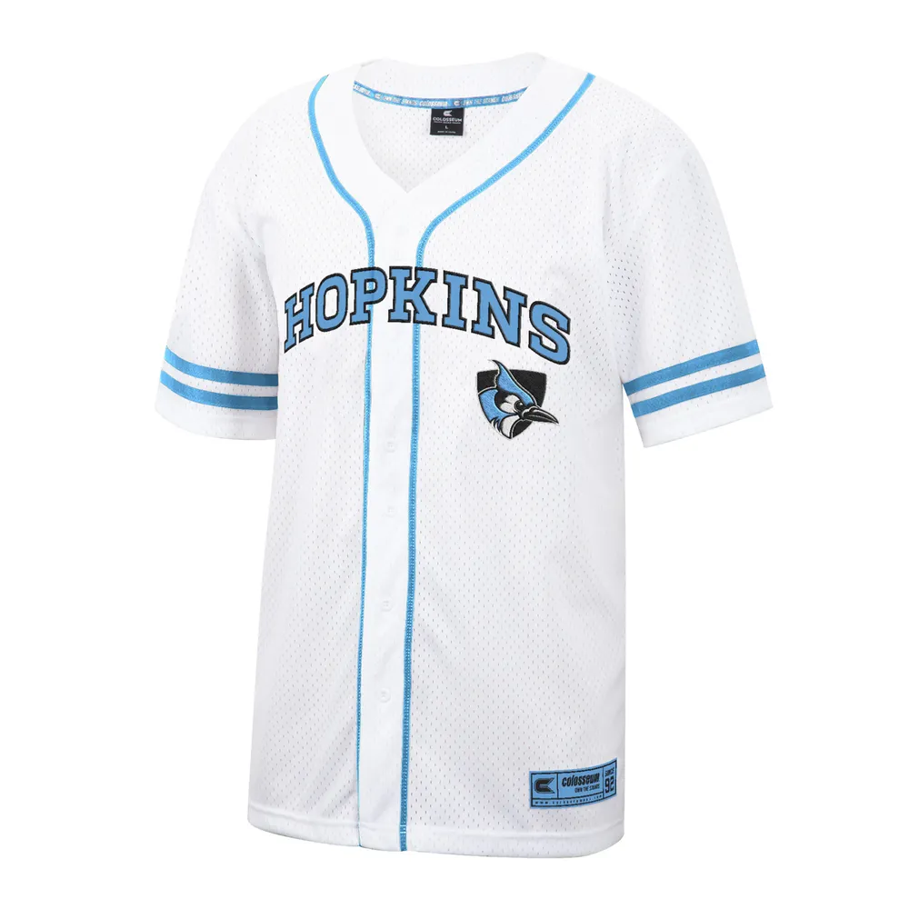 Maillot de baseball boutonné en maille Free Spirited des Blue Jays Johns Hopkins Colosseum blanc pour hommes