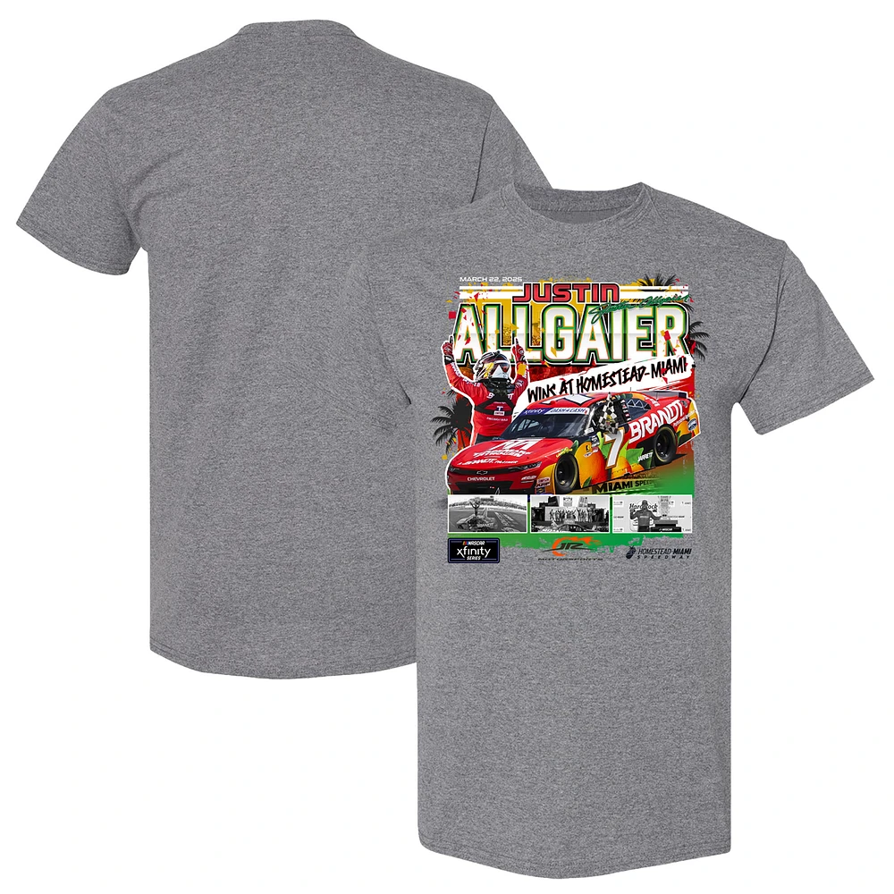 T-shirt Justin Allgaier, vainqueur de la course NASCAR Xfinity Series Hard Rock Bet 300 2025, motif drapeau à damier, anthracite chiné