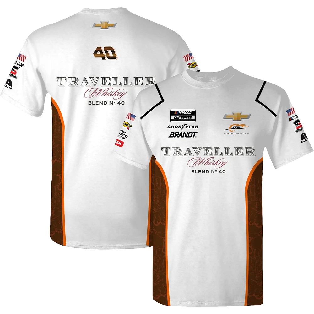 T-shirt d'uniforme sublimé Justin Allgaier Traveller Whiskey blanc pour homme de l'équipe officielle JR Motorsports