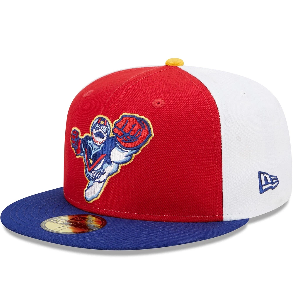 Men's New Era Red/Blue Kannapolis Cannon Ballers Marvel x Minor League 59FIFTY Fitted Hat