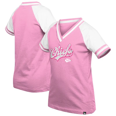 Girl's Youth New Era  Pink Kansas City Chiefs Mommy & Me Multiplier Raglan V-Neck T-Shirt
