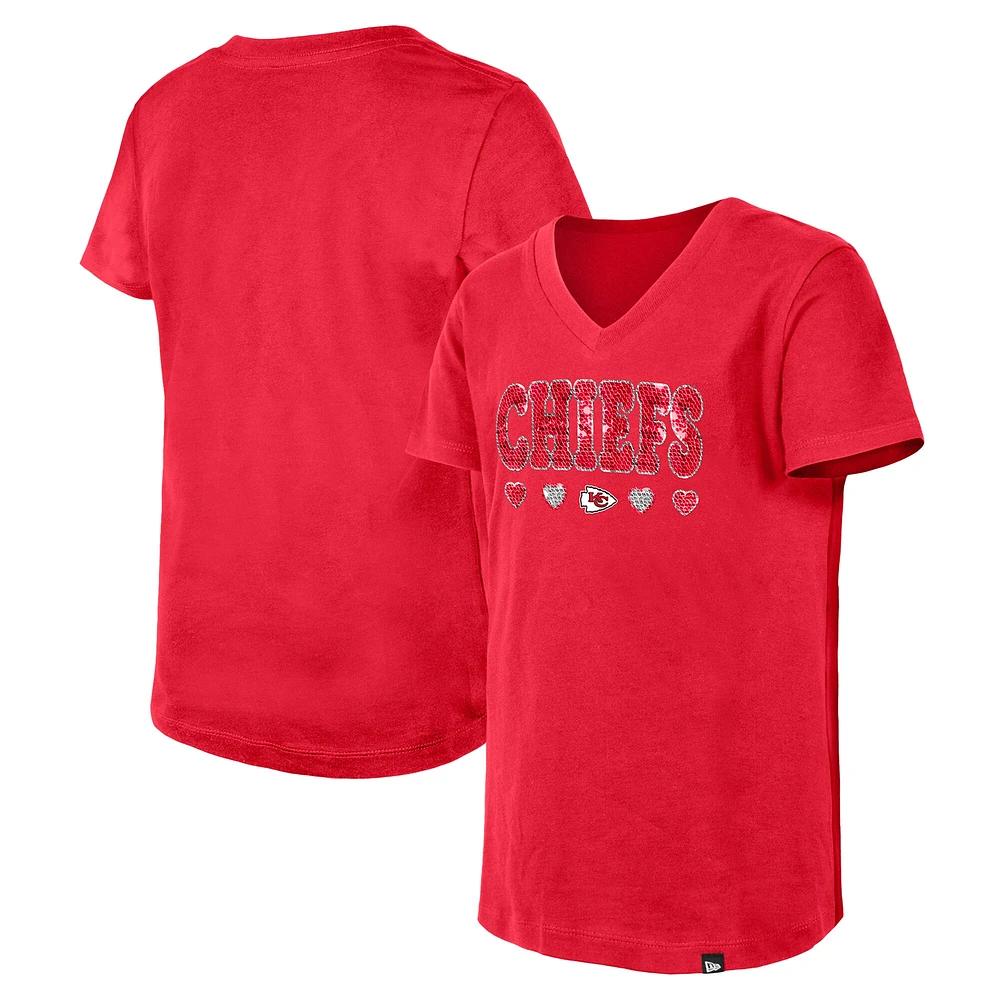 T-shirt à col en V sequins inversés pour filles New Era rouge Kansas City Chiefs