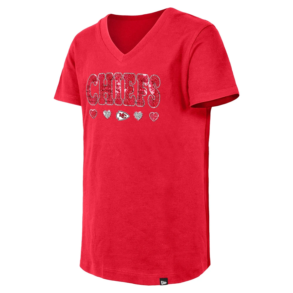 T-shirt à col en V sequins inversés pour filles New Era rouge Kansas City Chiefs