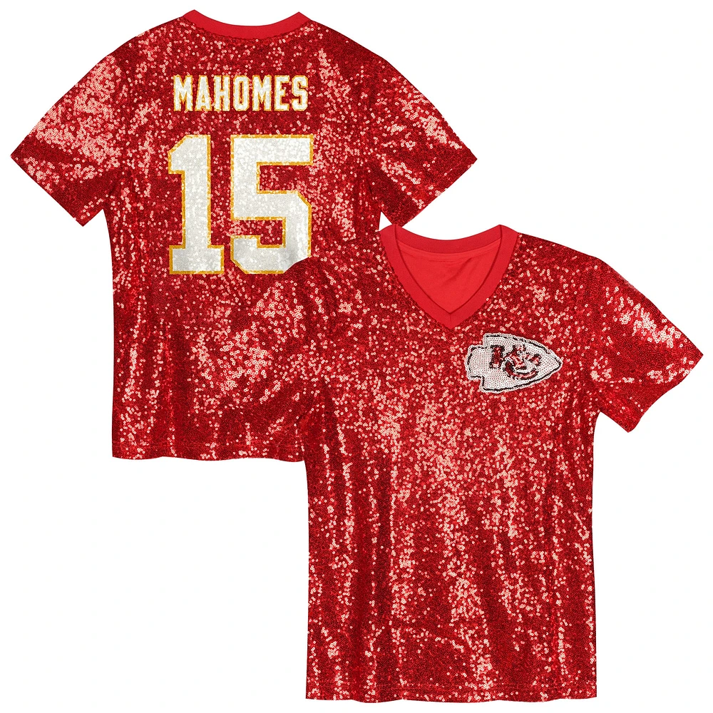 Maillot à col en V sequins rouge pour jeunes filles Patrick Mahomes des Kansas City Chiefs