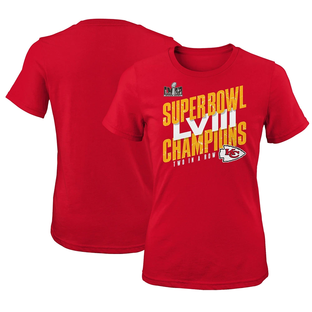 T-shirt rouge pour jeunes filles des Chiefs de Kansas City Super Bowl LVIII Champions la victoire emblématique