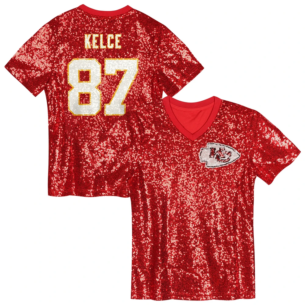 Girls Youth Travis Kelce Red Kansas City Chiefs Sequin V-Neck Fashion Jersey