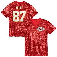 Maillot à col en V sequins rouge pour jeunes filles Travis Kelce des Kansas City Chiefs