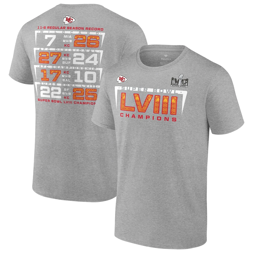 T-shirt gris Fanatics pour hommes des Chiefs de Kansas City Super Bowl LVIII Champions Score